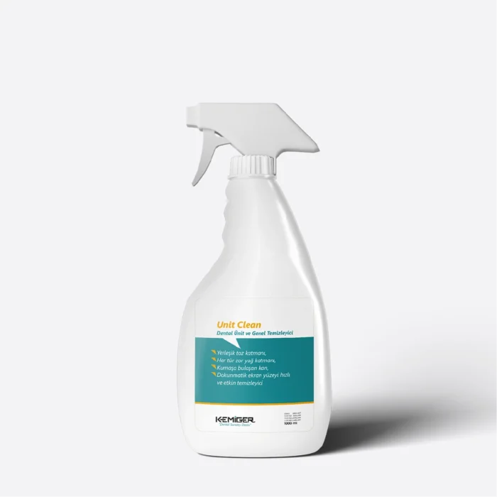 Unit Clean, diş kliniklerinde ünitler, koltuklar ve genel yüzeylerde zor kir ve yağları kolayca temizleyen, dokunmatik ekranlar ve kumaşlardaki lekeleri hızlıca gideren etkili bir temizleyicidir. Ev ve otomobil temizliğinde de güvenle kullanılabilir.